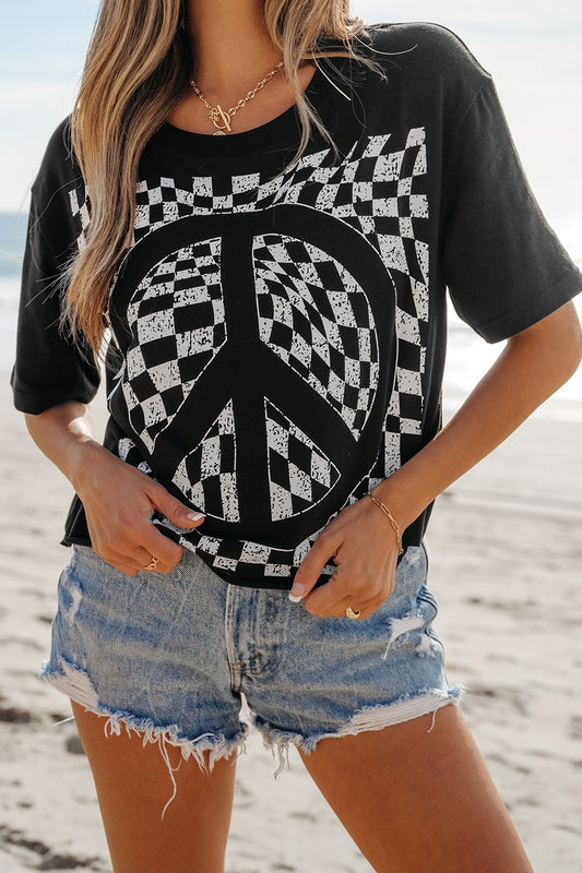 Checkered Peace Sign Round Neck T-Shirt Black