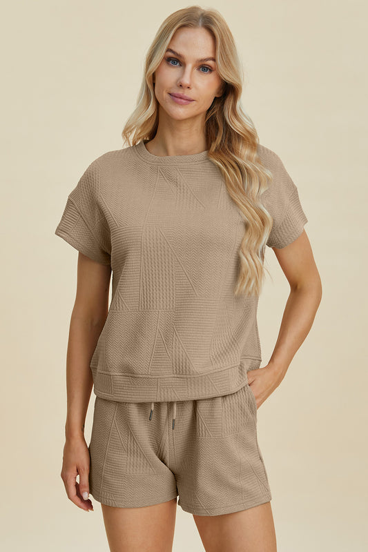 Double Take Full Size Texture Short Sleeve Top and Shorts Set Khaki