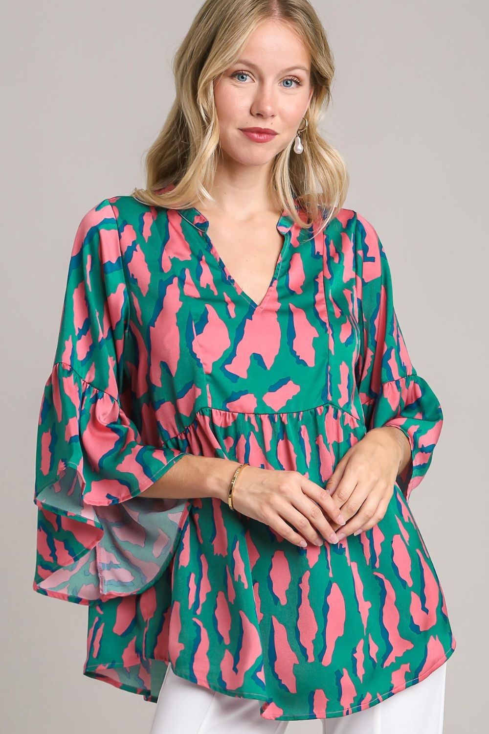 Umgee Full Size Satin Leopard 3/4 Bell Sleeve Babydoll Blouse Plus Size Turquoise