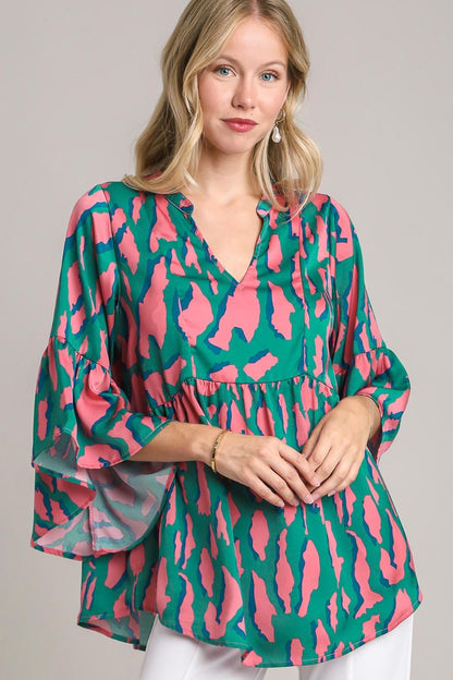 Umgee Full Size Satin Leopard 3/4 Bell Sleeve Babydoll Blouse Plus Size Turquoise