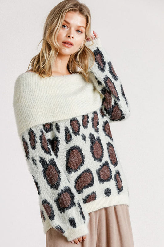 Umgee Full Size Leopard Off-Shoulder Long Sleeve Sweater Plus Size CREAMMIX