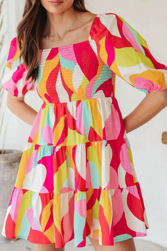Smocked Printed Puff Sleeve Mini Dress Multicolor