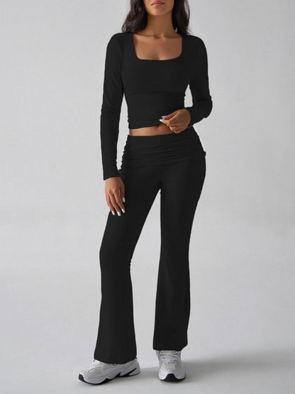 Devine Square Neck Long Sleeve Top and Pants Set Black