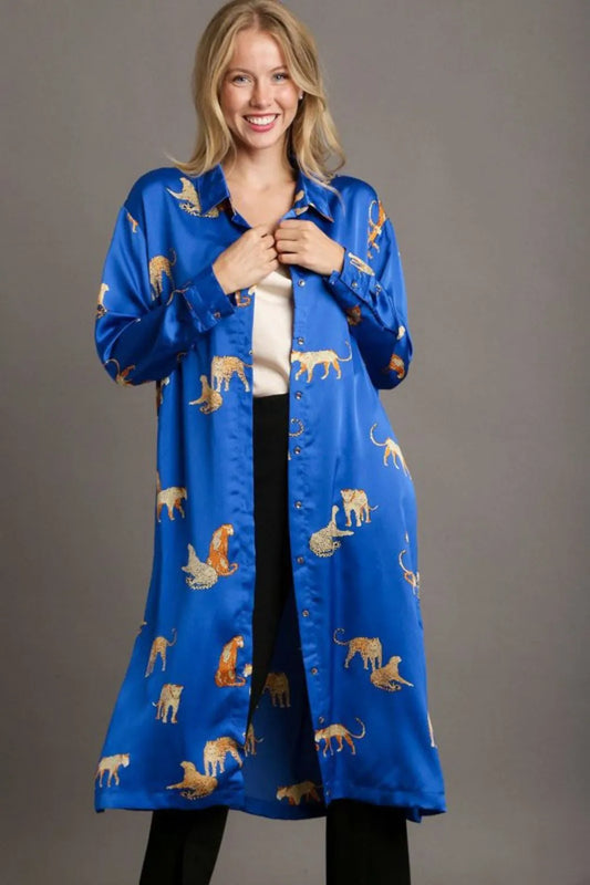 Umgee Full Size Animal Print Button Down Midi Shirt Dress Plus Size Royal Blue