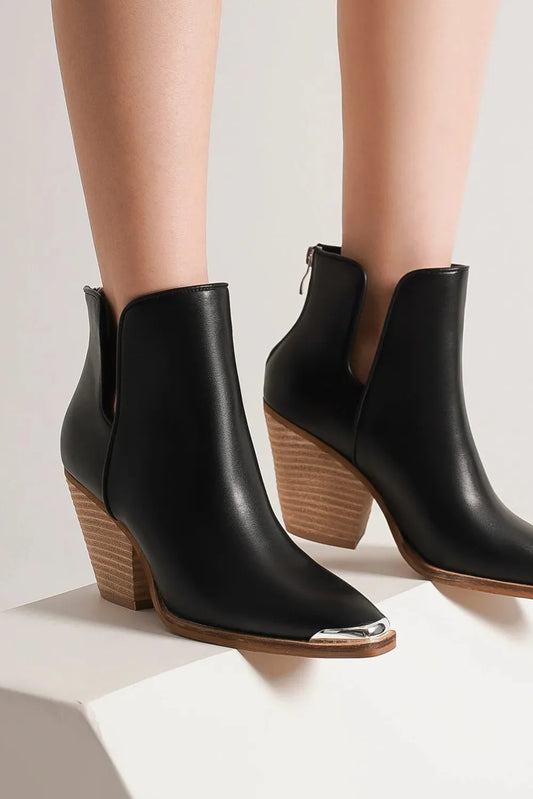 Beast Fashion Pointed Metal-Tip Toe Block Heel Ankle Boots Black