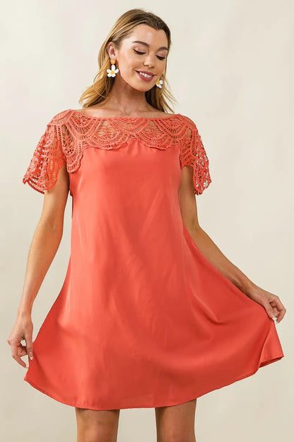 BiBi Crochet Lace Yoke Detailed Wrinkled Dress APRICOT