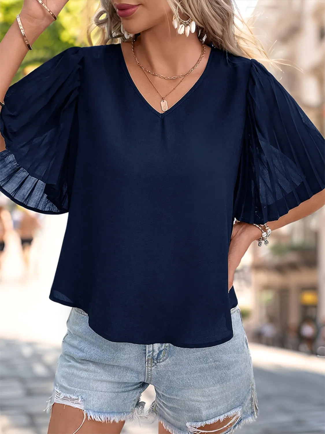 V-Neck Half Sleeve Blouse Dark Blue