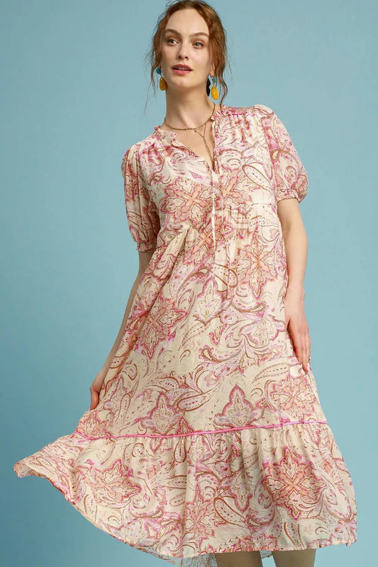 Umgee Full Size Printed Puff Short Sleeve Midi Dress Plus Size PINK MIX