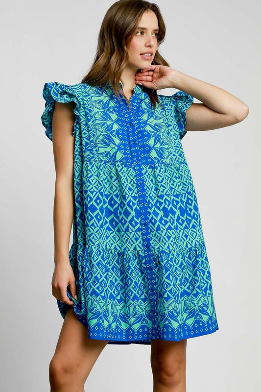 Umgee Full Size Mixed Print Mini Dress Plus Size Blue