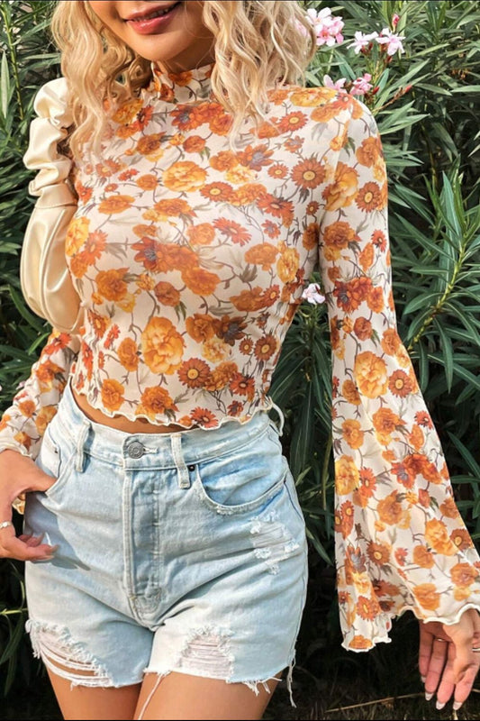 Printed Mock Neck Flare Sleeve Top Tangerine
