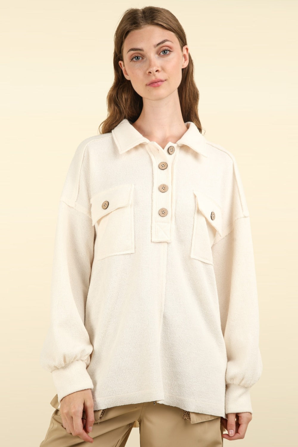 VERY J Collared Half Button Knit Top with Pockets Cream