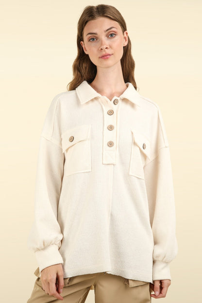 VERY J Collared Half Button Knit Top with Pockets Cream