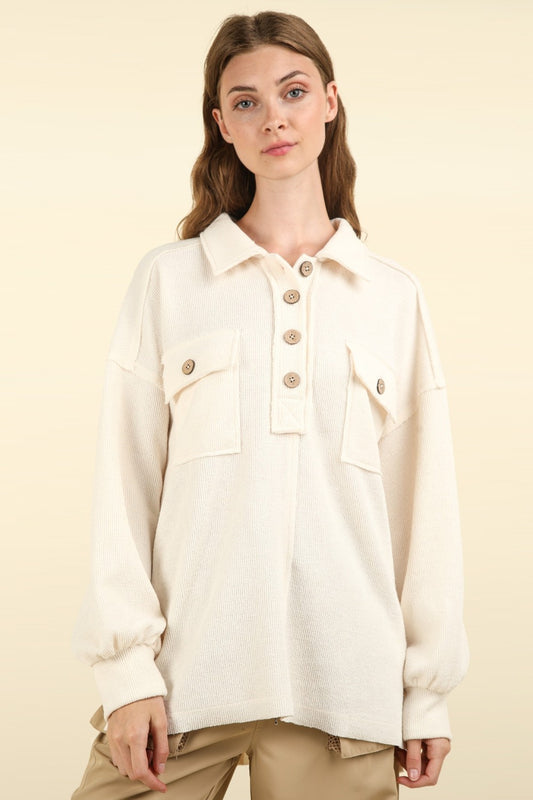VERY J Collared Half Button Knit Top with Pockets Cream