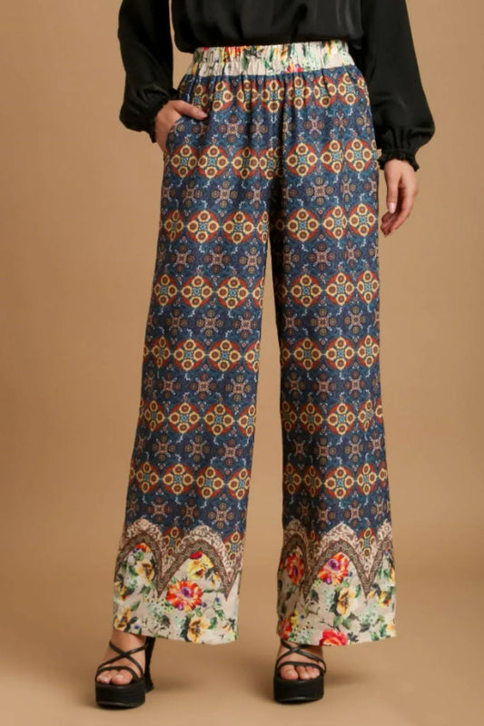 Umgee Full Size Mixed Print Elastic Waistband Pants Plus Size TEAL MIX
