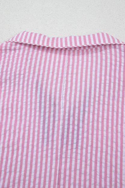 Striped Print Contrast Split Neck Dolman Sleeve Blouse