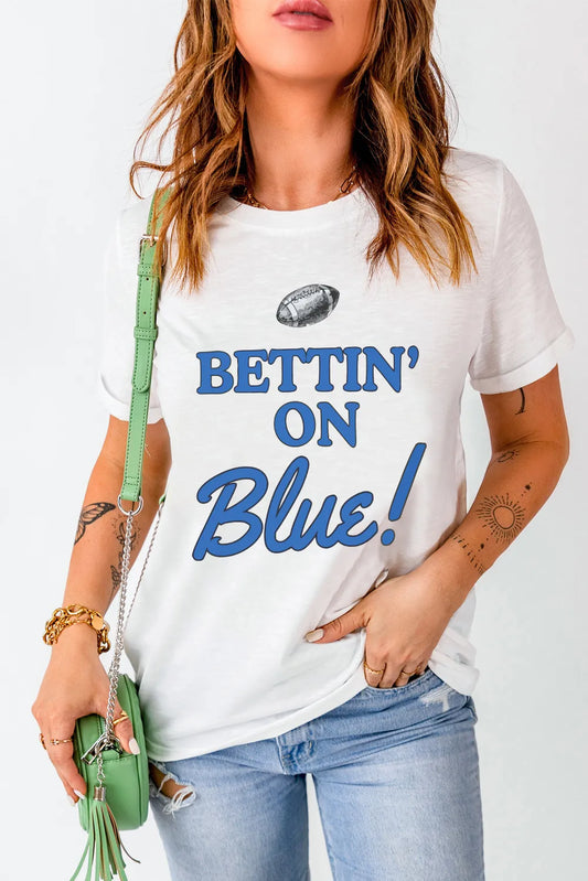 Letter Graphic Round Neck Short Sleeve T-Shirt Peacock Blue