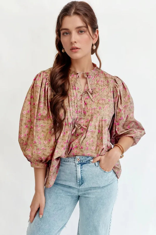Floral Print Bow Pintuck Bust Half Puff Sleeve Blouse Top Floral