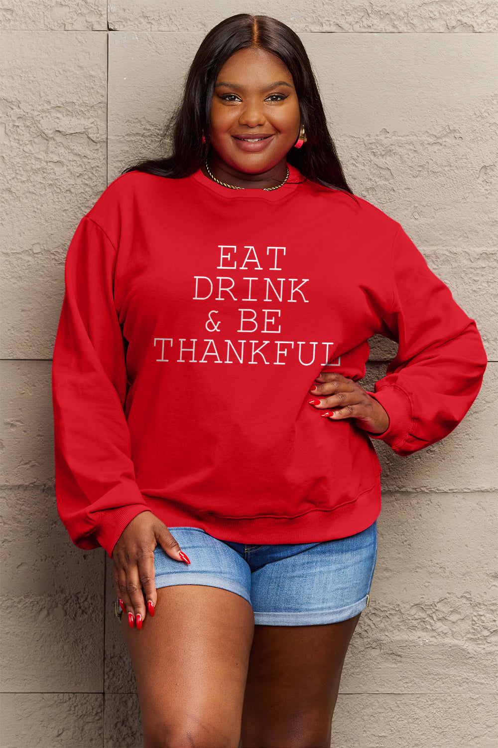 Simply Love Full Size EAT DRINK & BE THANKFUL Round Neck Sweatshirt Burgundy