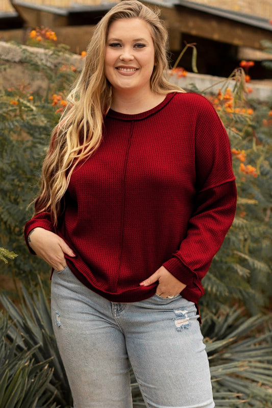 Plus Size Exposed Seam Waffle-Knit High-Low Sweatshirt Burgundy