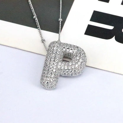 Copper Inlaid Zircon Letter Pendant Necklace Style P One Size