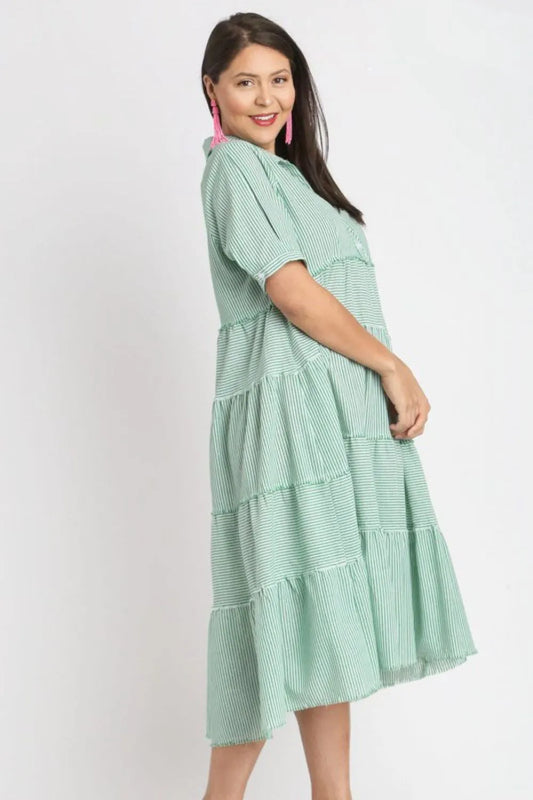 Umgee Full Size Stripe Tiered A-Line Midi Dress Plus Size Gum Leaf
