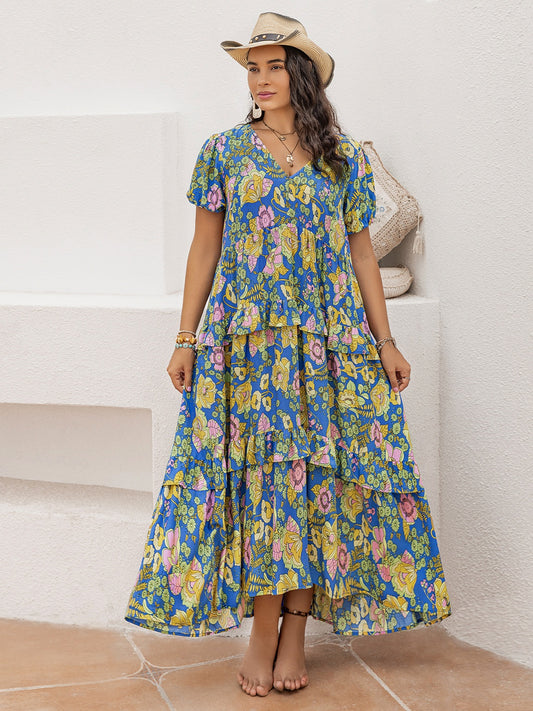 Plus Size Printed V-Neck Short Sleeve Maxi Dress Sky Blue
