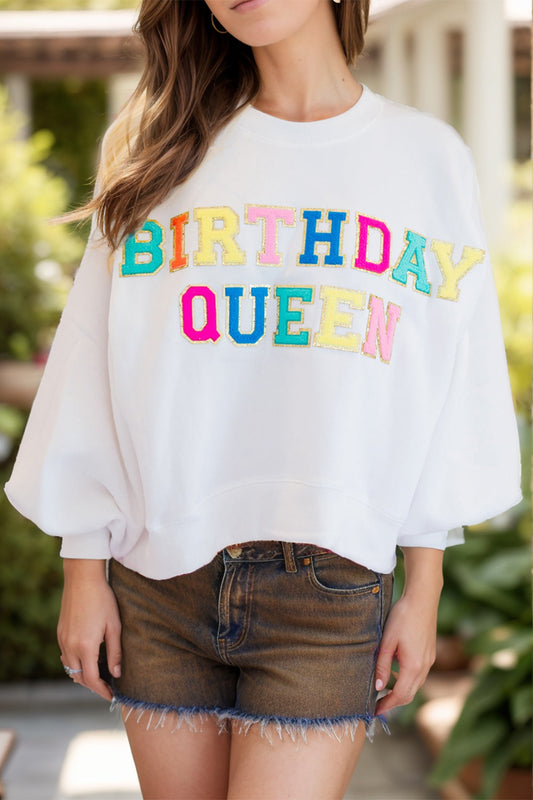 BIRTHDAY QUEEN Sequin Round Neck Long Sleeve Sweatshirt White
