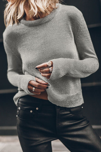 Ribbed Hem Round Neck Long Sleeve Sweater Gray