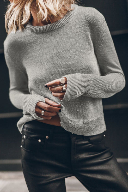 Ribbed Hem Round Neck Long Sleeve Sweater Gray