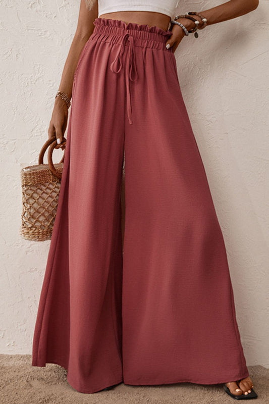 Perfee Smocked Paperbag Waist Wide Leg Pants Deep Red