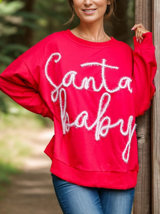 Letter Round Neck Long Sleeve Sweatshirt Red