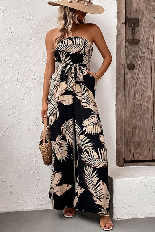Perfee Printed Strapless Wide Leg Jumpsuit with Pockets Black