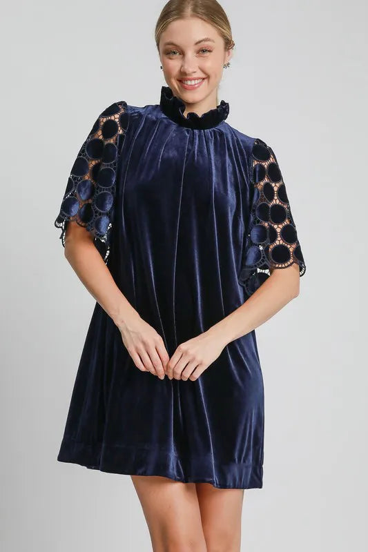Umgee Dotted Lace Half Sleeve Mock Neck Back Tie Velvet Dress Navy