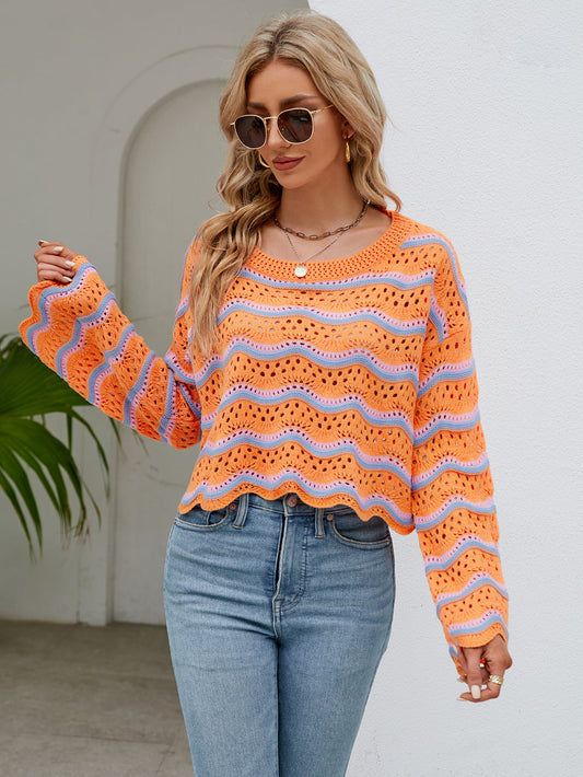 Round Neck Openwork Flare Sleeve Knit Top Orange-Red