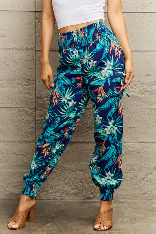 Perfee Smocked Plant Print Long Pants Multicolor