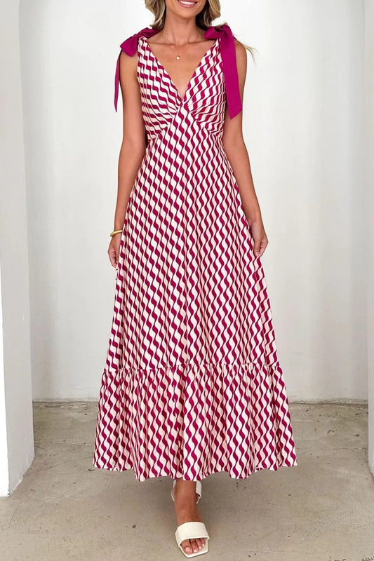 Printed V-Neck Tie Shoulder Midi Cami Dress Deep Purple