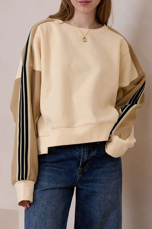 Contrast Round Neck Long Sleeve Sweatshirt Beige