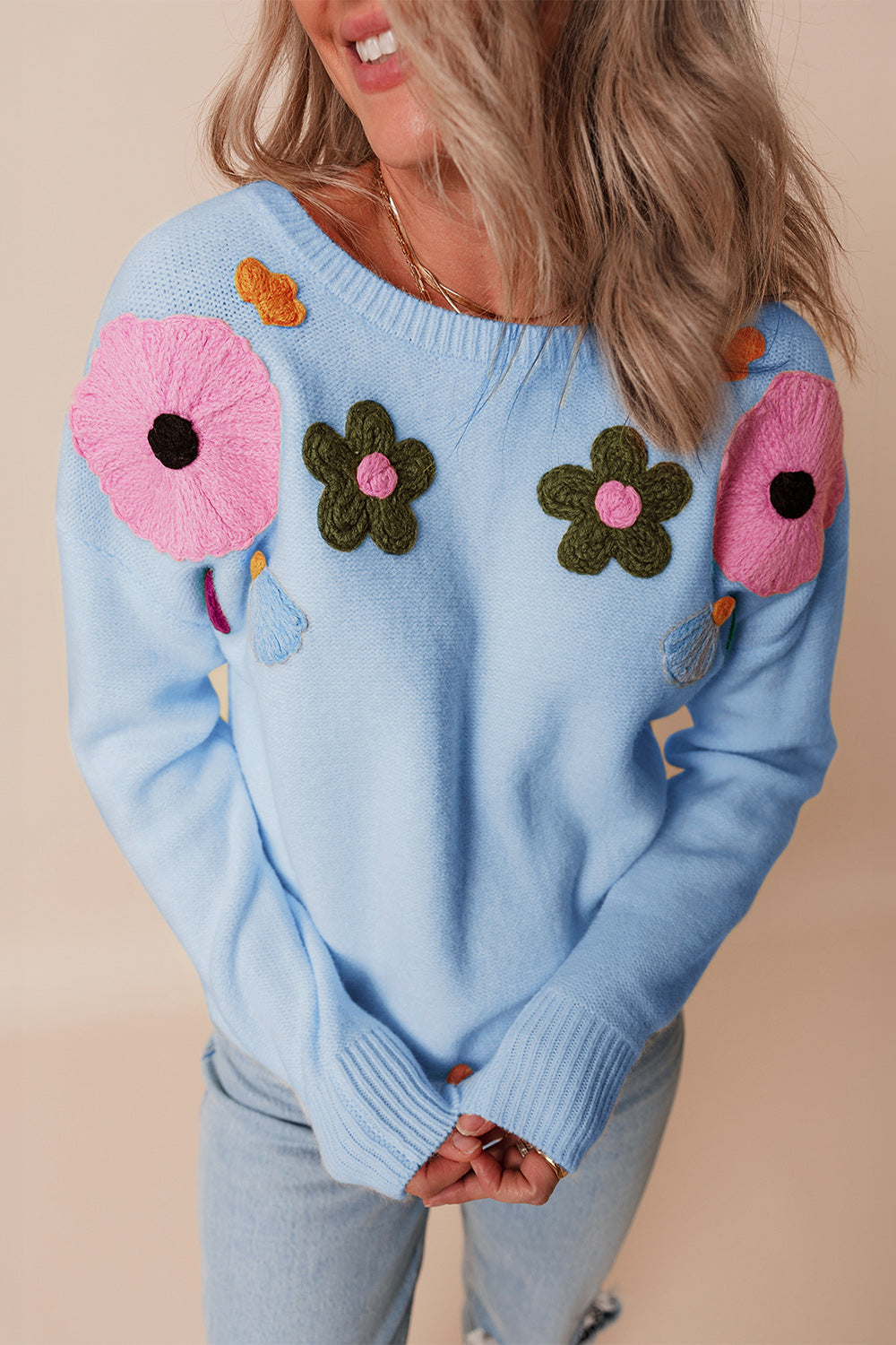 Crochet Flower Round Neck Dropped Shoulder Sweater Light Blue