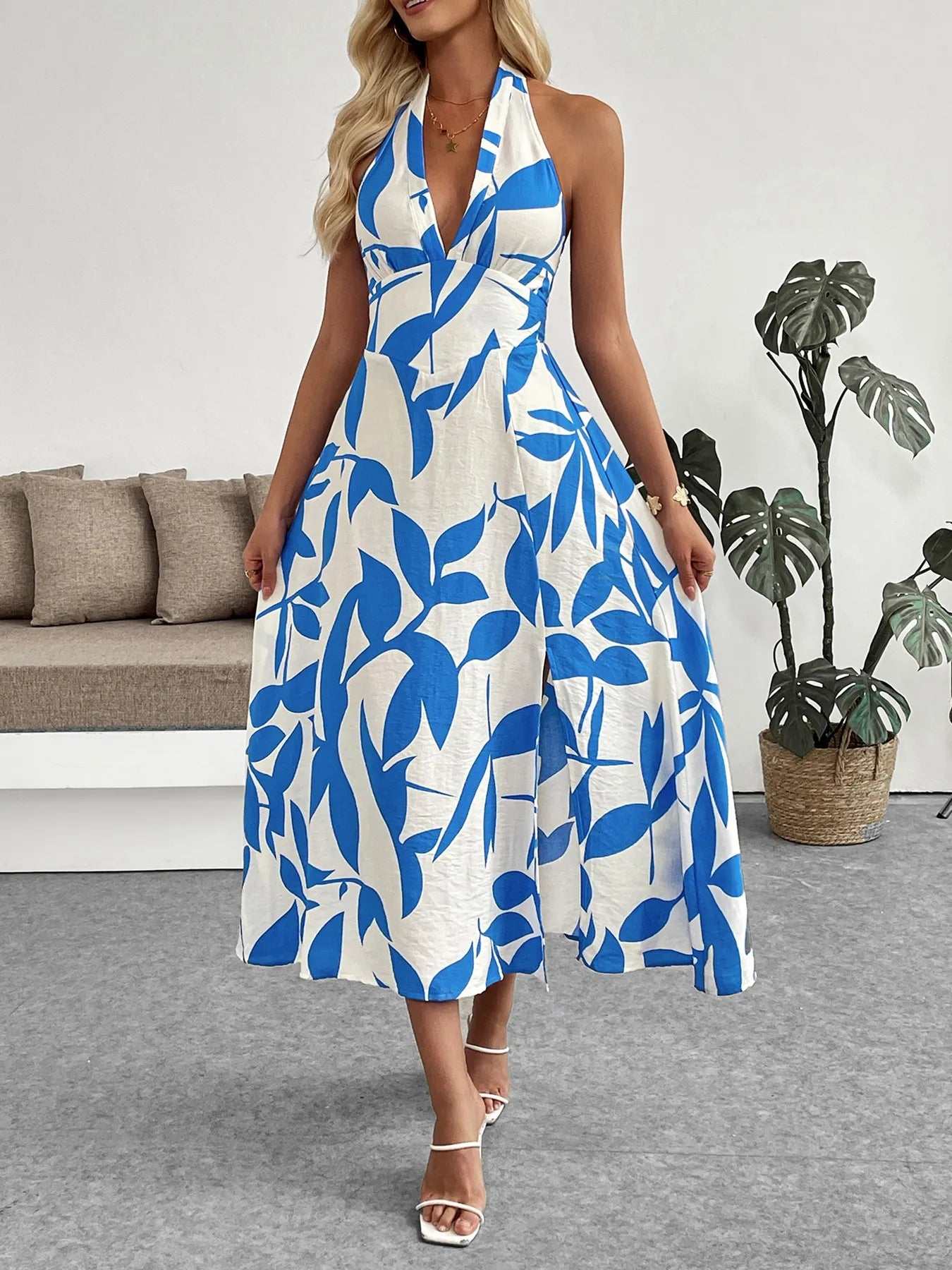 Leaf Print Halter Neck Midi Dress Blue