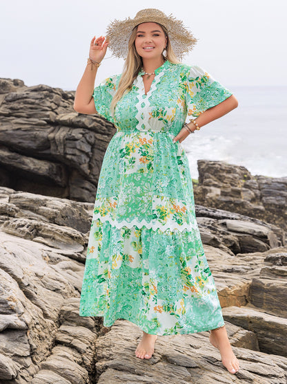 Plus Size Printed Notched Short Sleeve Maxi Dress Gum Leaf