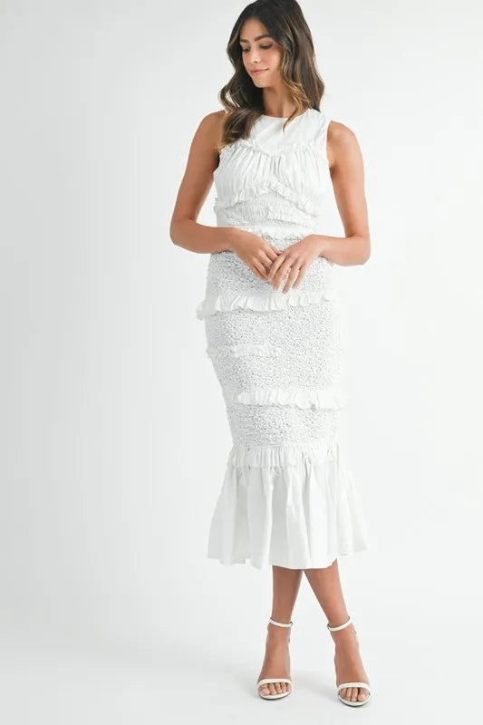 MABLE Ruffled Popcorn Smocked Mermaid Midi Dress Off White