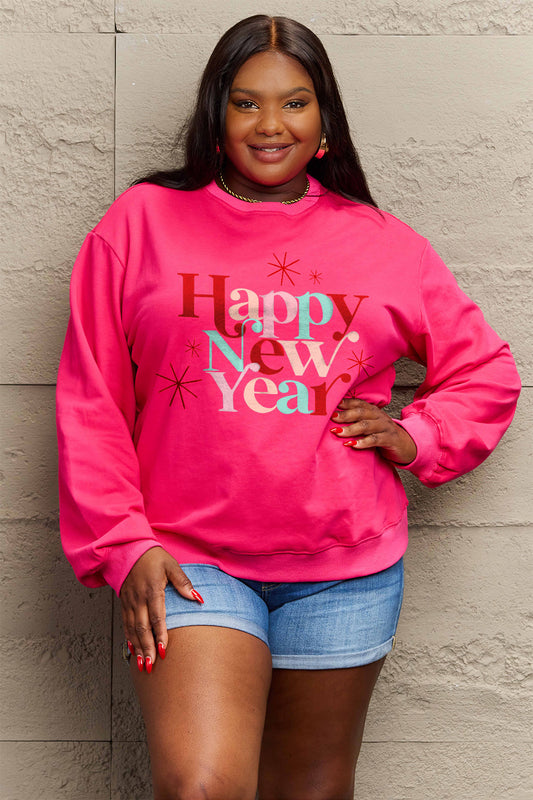 Simply Love Full Size HAPPY NEW YEAR Round Neck Sweatshirt Hot Pink