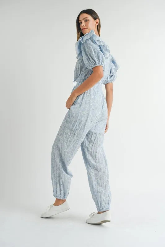MABLE Eyelet Lace Ruffle Shoulder Jumpsuit