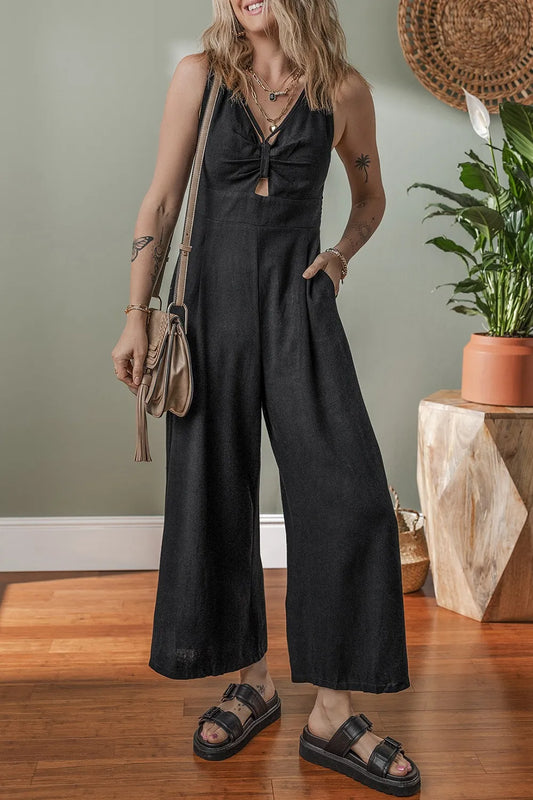 Front Cut Out Smocked Back Sleeveless Wide Leg Jumpsuit Black