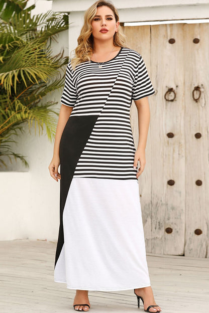 Plus Size Striped Color Block Round Neck Dress Black White