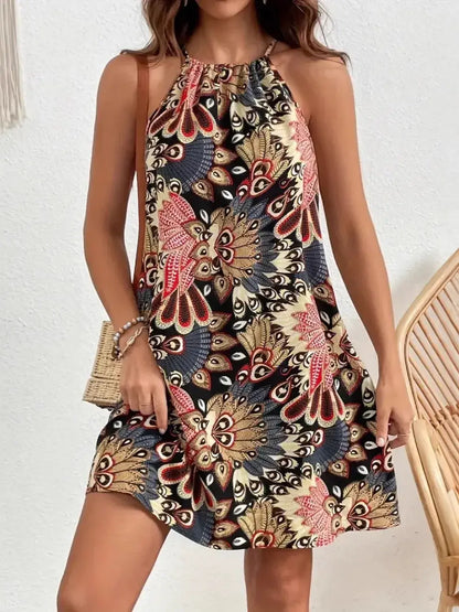 Printed Grecian Neck Mini Dress Black