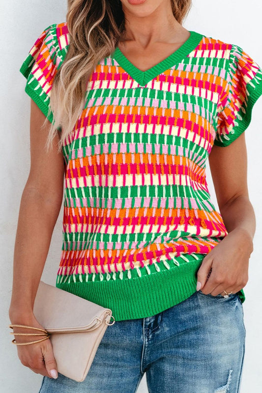 Contrast Striped V-Neck Knit Top Green
