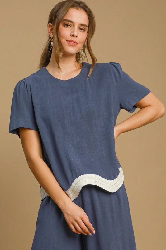 Umgee Full Size Linen Blend Scalloped Hem Top Plus Size French Blue