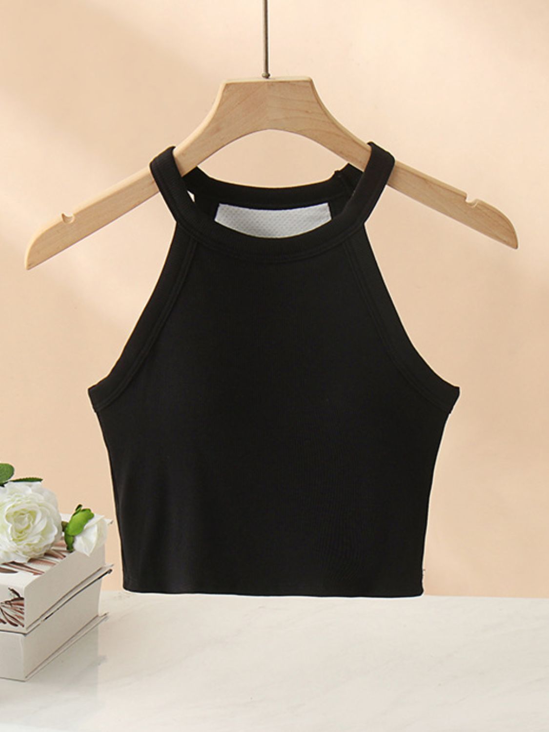 Ribbed Grecian Neck Cropped Tank with Chest Pads Black