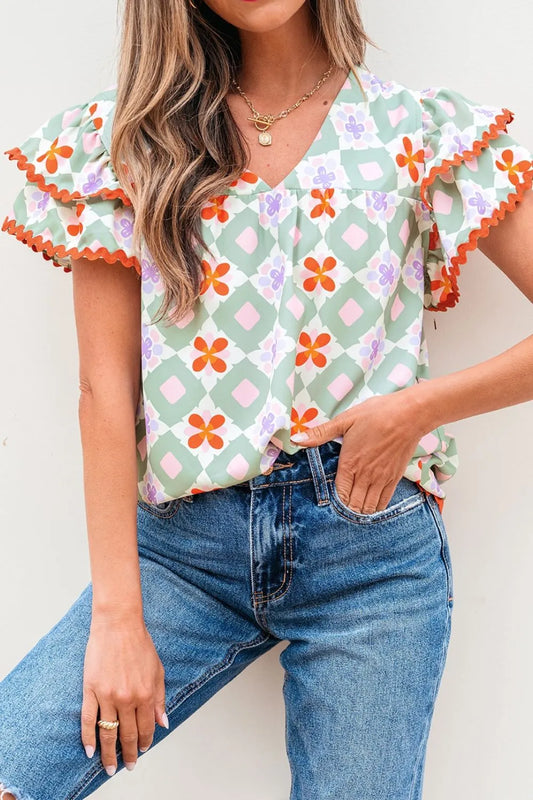 Floral Print V-neck Flutter Sleeve Blouse Floral